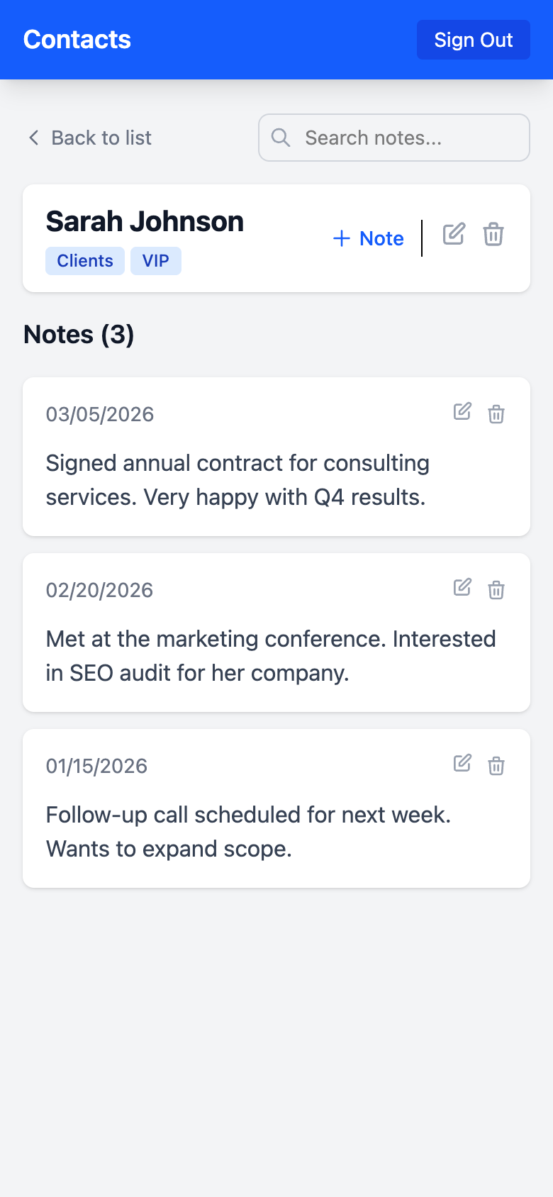 Contact detail view with dated notes and tags