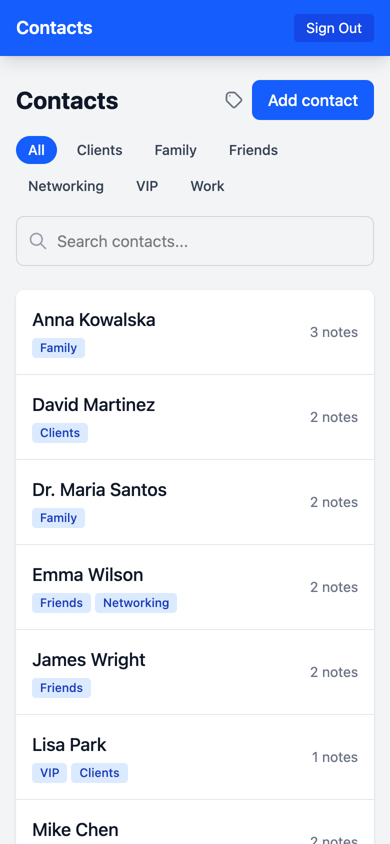 Contact Notes app – list of contacts with tags and search