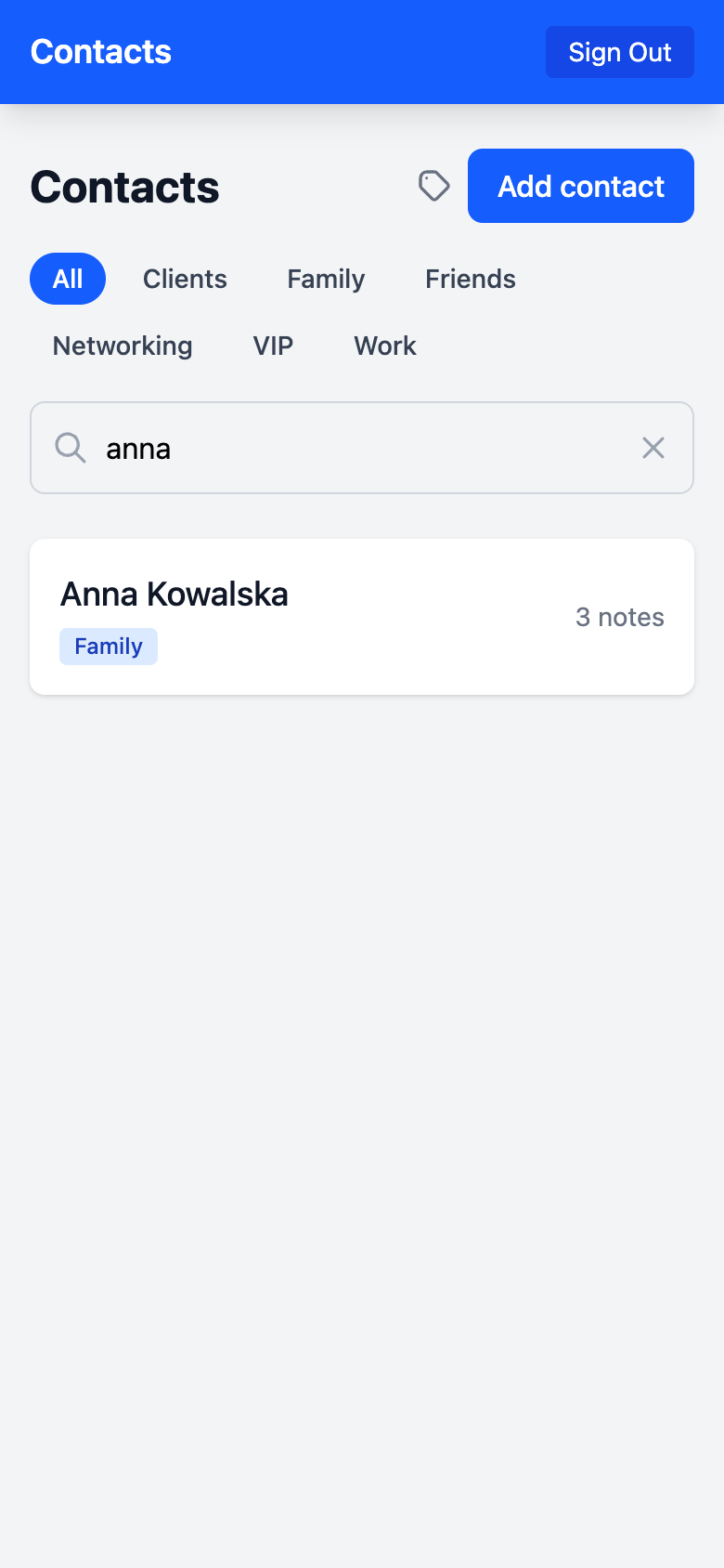 Instant search filtering contacts in real-time